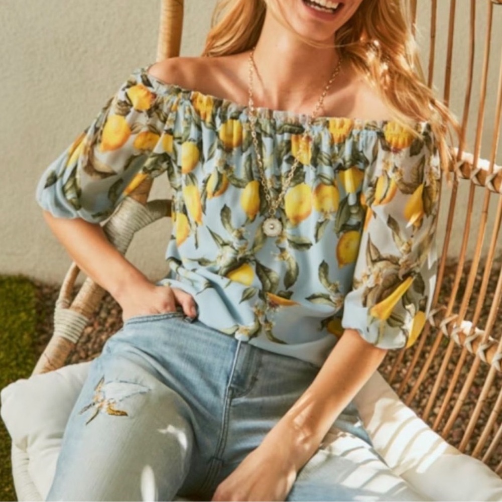 White House Black Market Blouse Women Yellow Blue Lemon Smock in XL